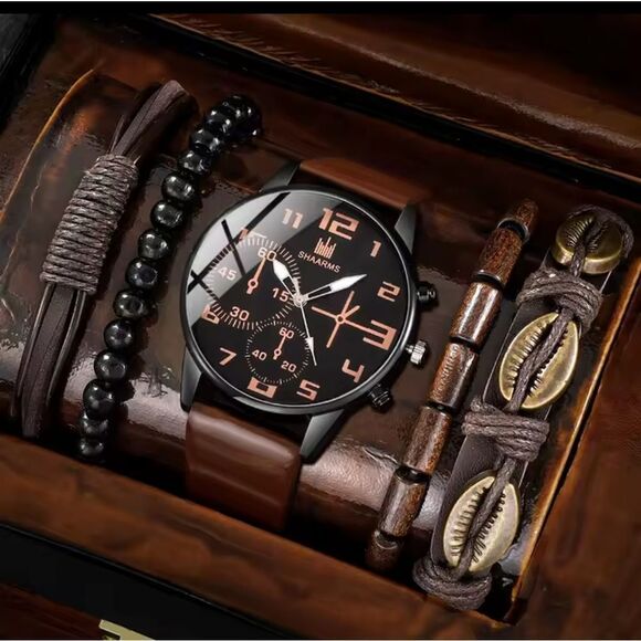 Men's Watch And Bracelet Set Leather beaded layered brown new e87 - Picture 1 of 4